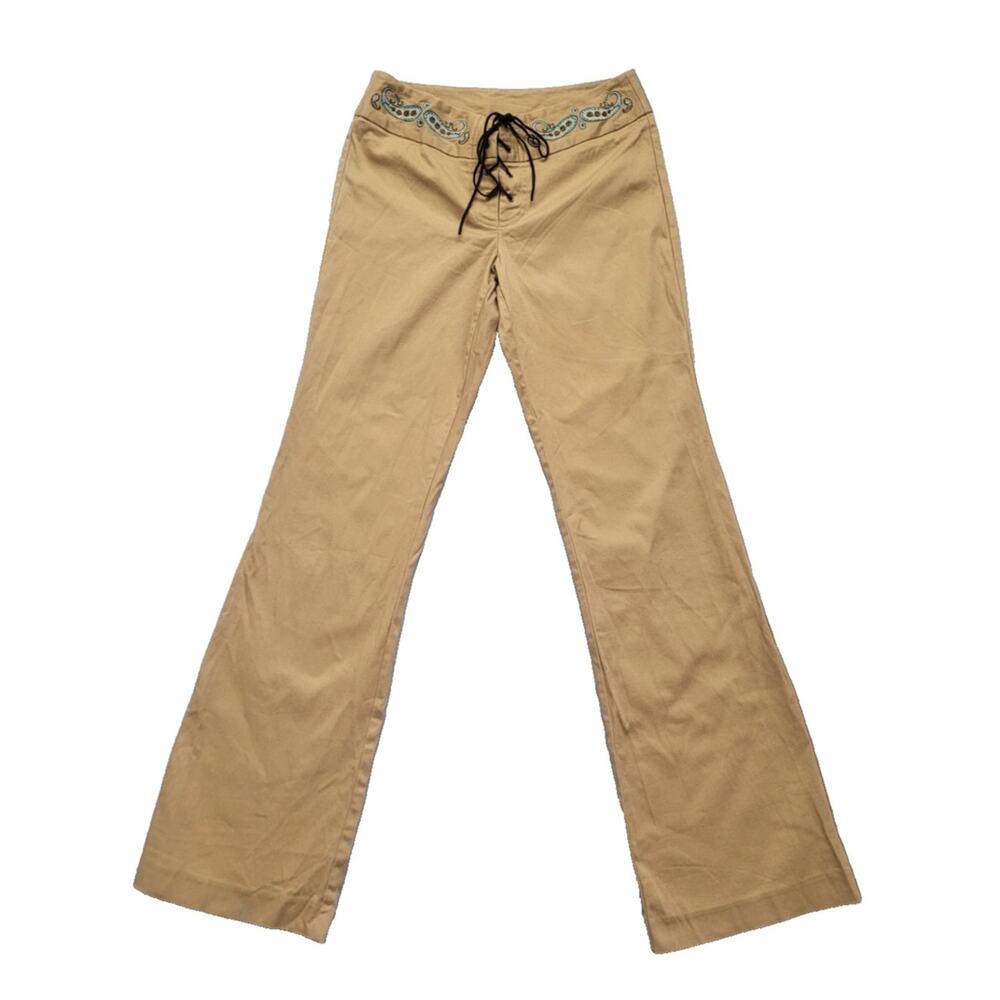 Vintage Y2K Low Rise Lace Up Embroidered Flare Pants Siz 3 Boho Festival Western